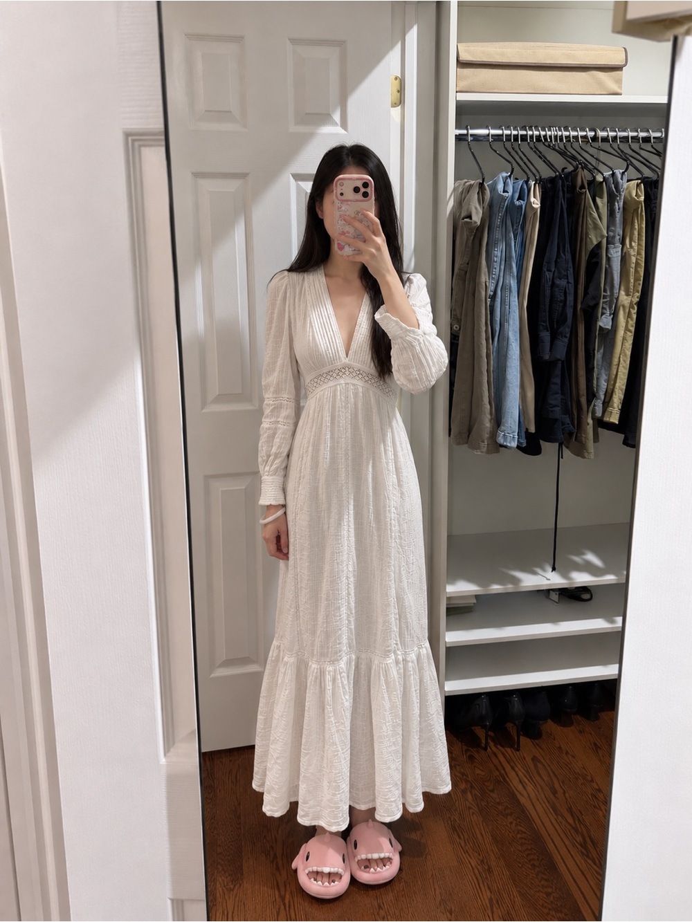 Buffalo David Bitton White Boho Maxi Dress Lace Trim Long Sleeve